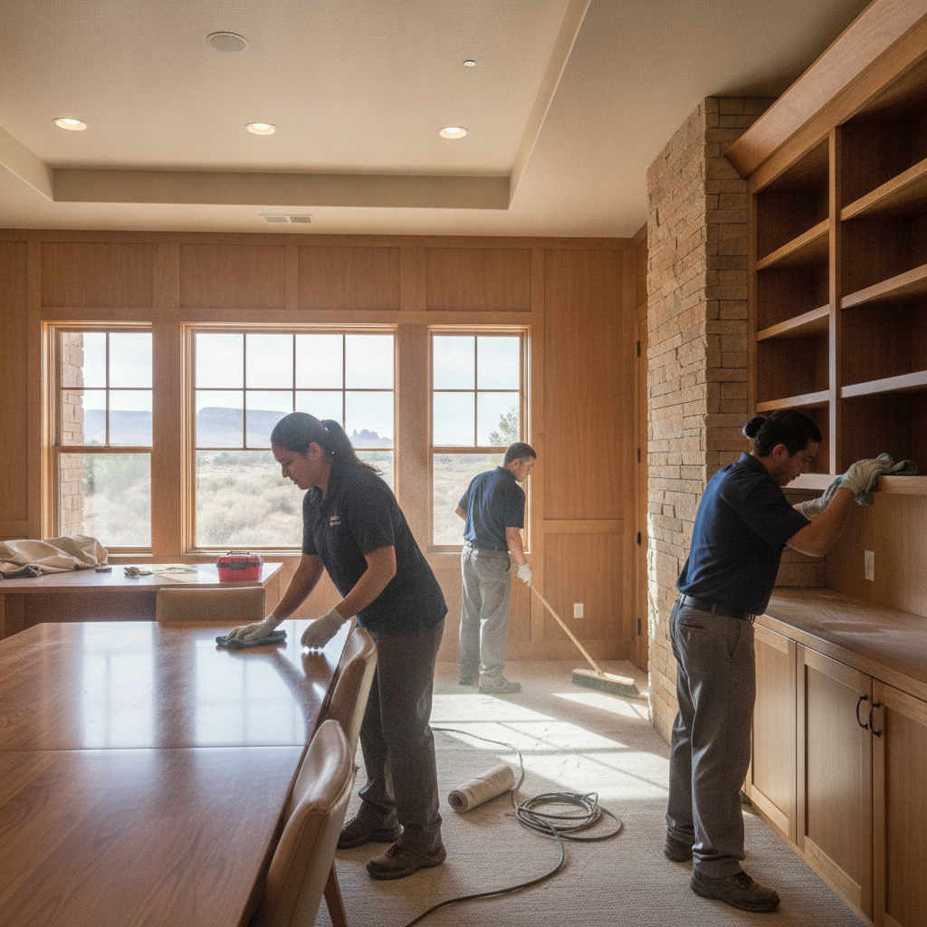 Post-construction cleanup crew clearing dust and debris from a newly built space