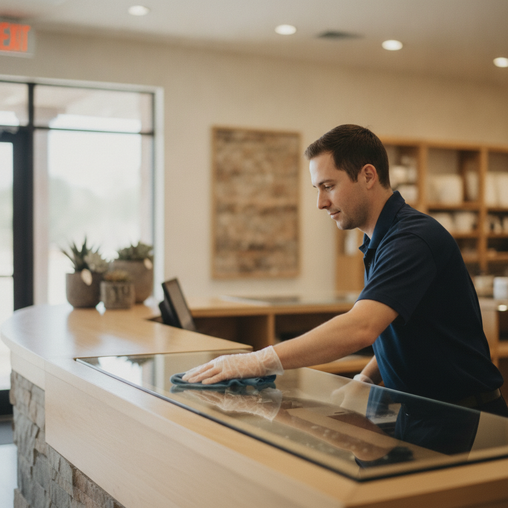 Cleaning staff wiping down a retail counter as part of a scheduled cleaning visit